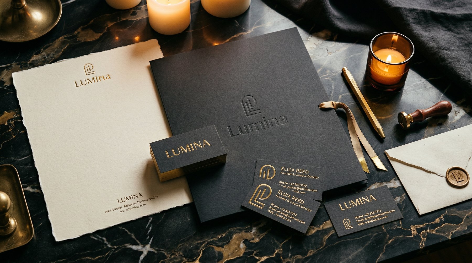 Akcydensy Lumina: papeteria, wizytówki, koperta z lakową pieczęcią, granatowe i kremowe karty z brandingiem w złocie
