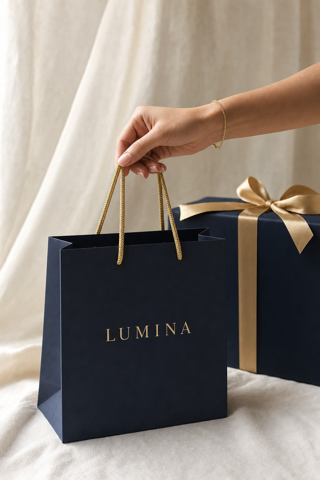 Torba prezentowa Lumina: granatowy papier ze złotym tłoczonym logotypem i złotymi sznurkowymi rączkami, obok pudełko ze złotą wstążką