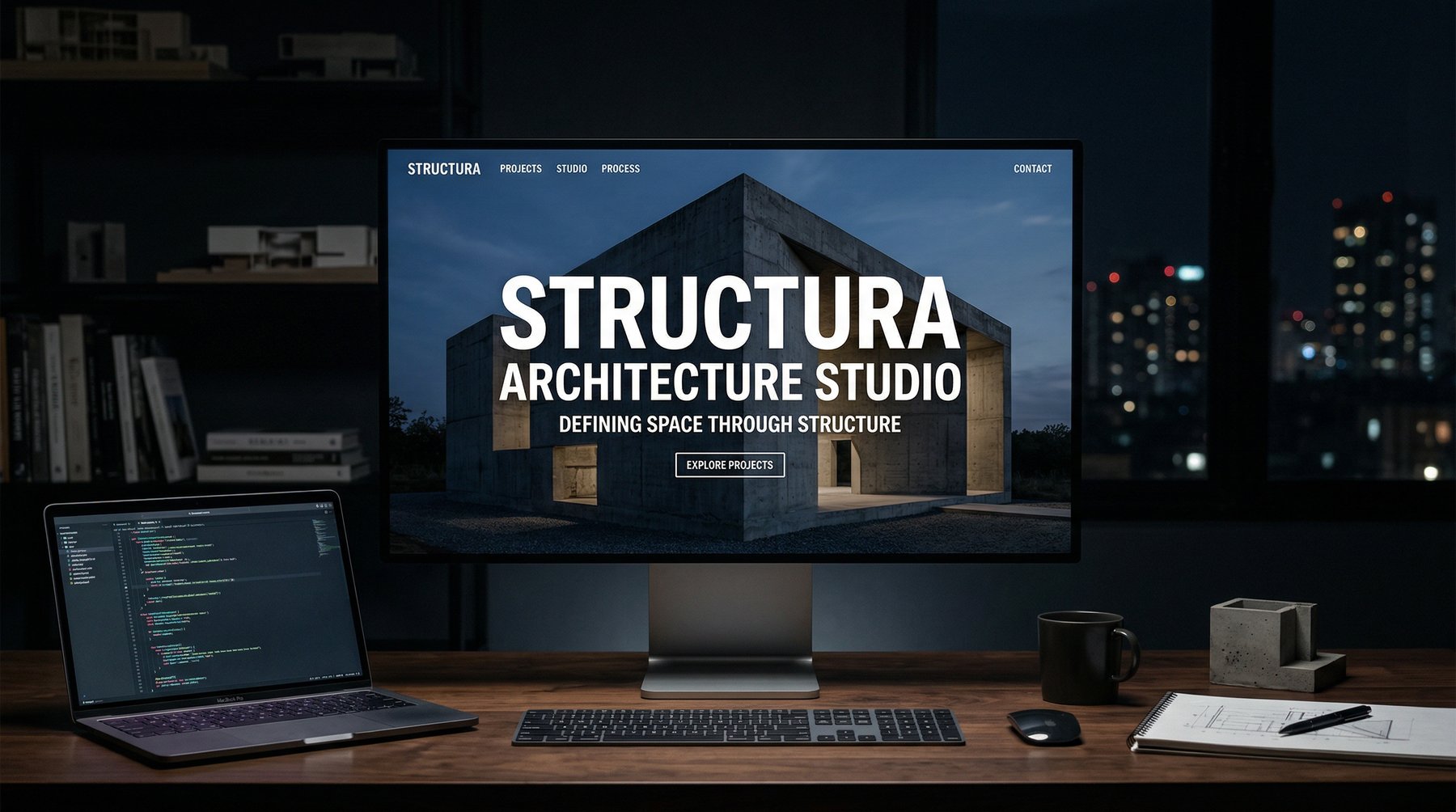 Responsive showcase: laptop, tablet i iPhone z tą samą stroną Structura w trybie ciemnym, hasło BOLD DESIGN, CONCRETE REALITY