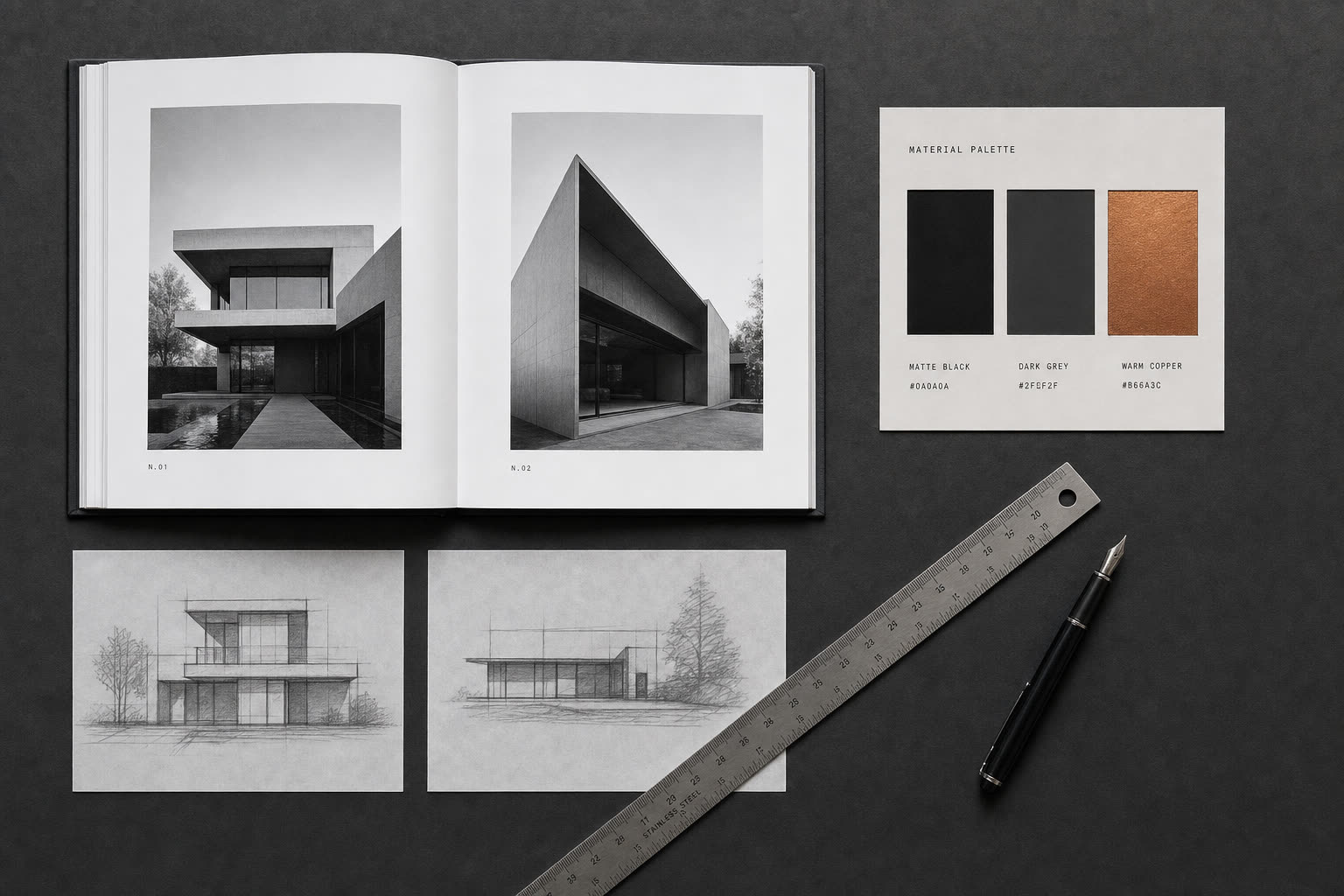 Moodboard projektu Structura: fotografia brutalistyczna, typografia Montserrat i Mono Space, paleta kolorów, miedziane tekstury