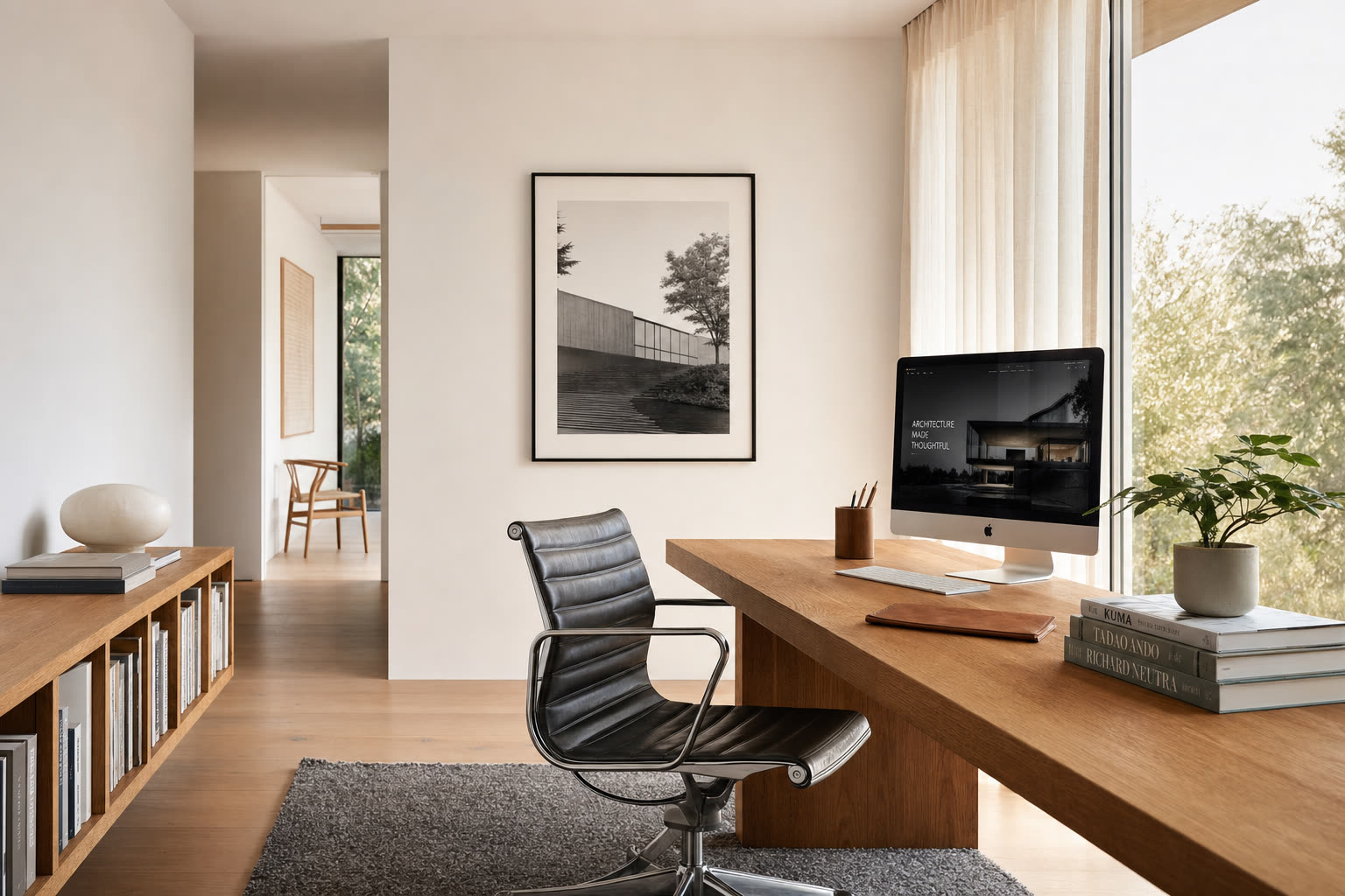 Industrialne studio architektoniczne: betonowy stół, laptop z brutalistyczną stroną, surowe wnętrze loft z dużymi oknami