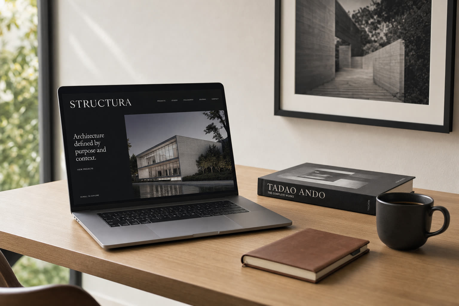 Podstrona projektu Concrete Pavilion na monitorze iMac: brutalistyczny budynek, metadane projektu, ciemny interfejs z miedzianymi akcentami