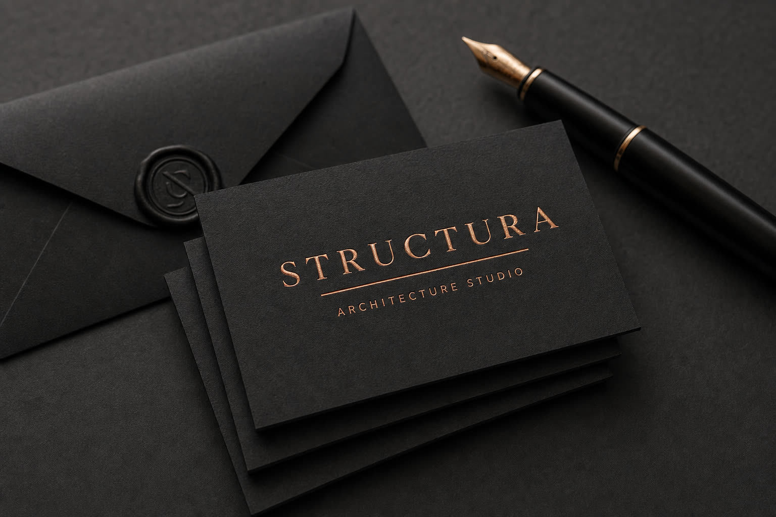 Logotyp Structura w miedzianym kolorze, wytłoczony na betonowej ścianie, dramatyczne boczne światło