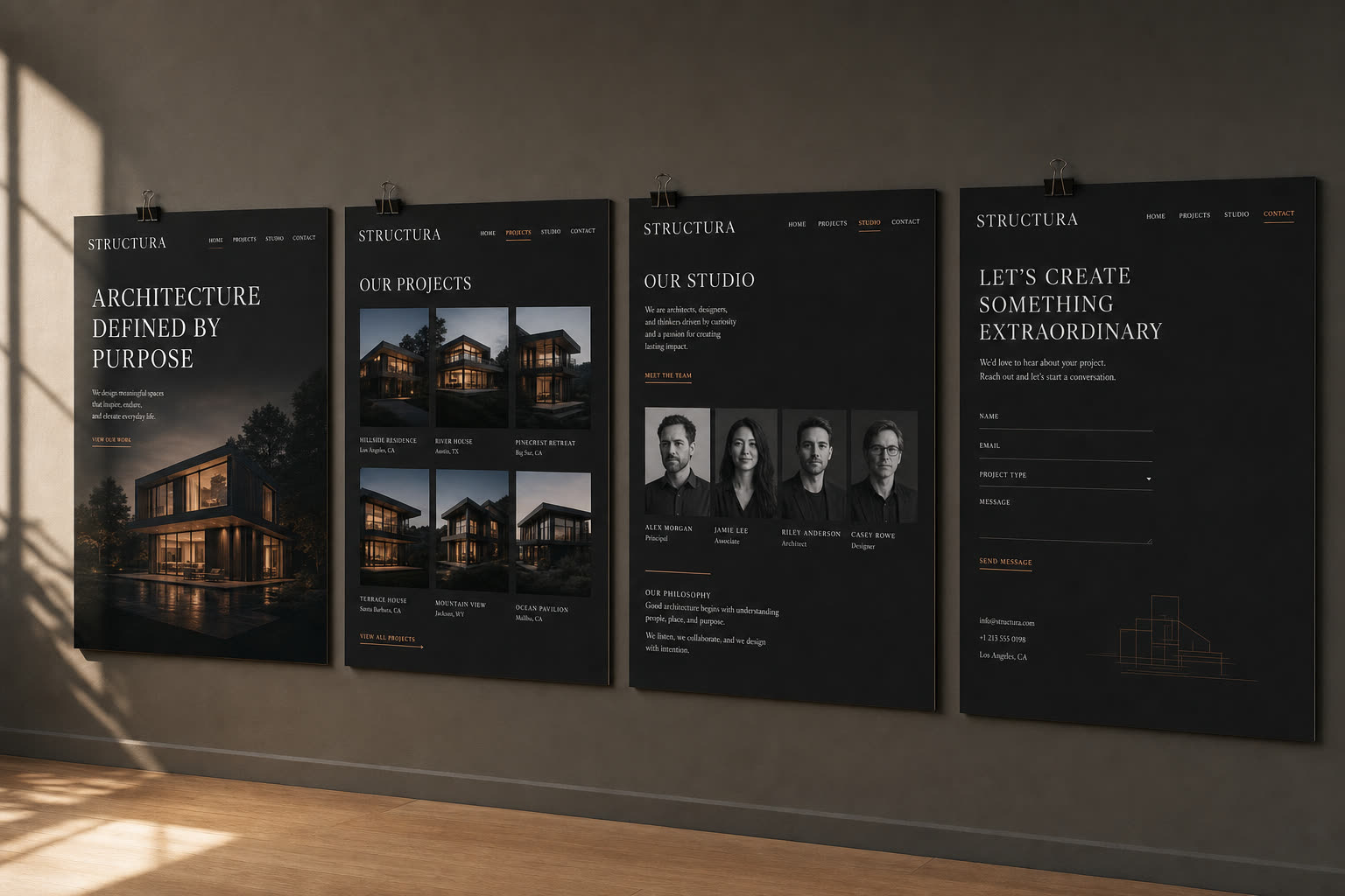 Cztery podstrony Structury w widoku zestawienia: strona główna, projekty, studio, kontakt, wszystkie z ciemnym tłem i miedzianym akcentem