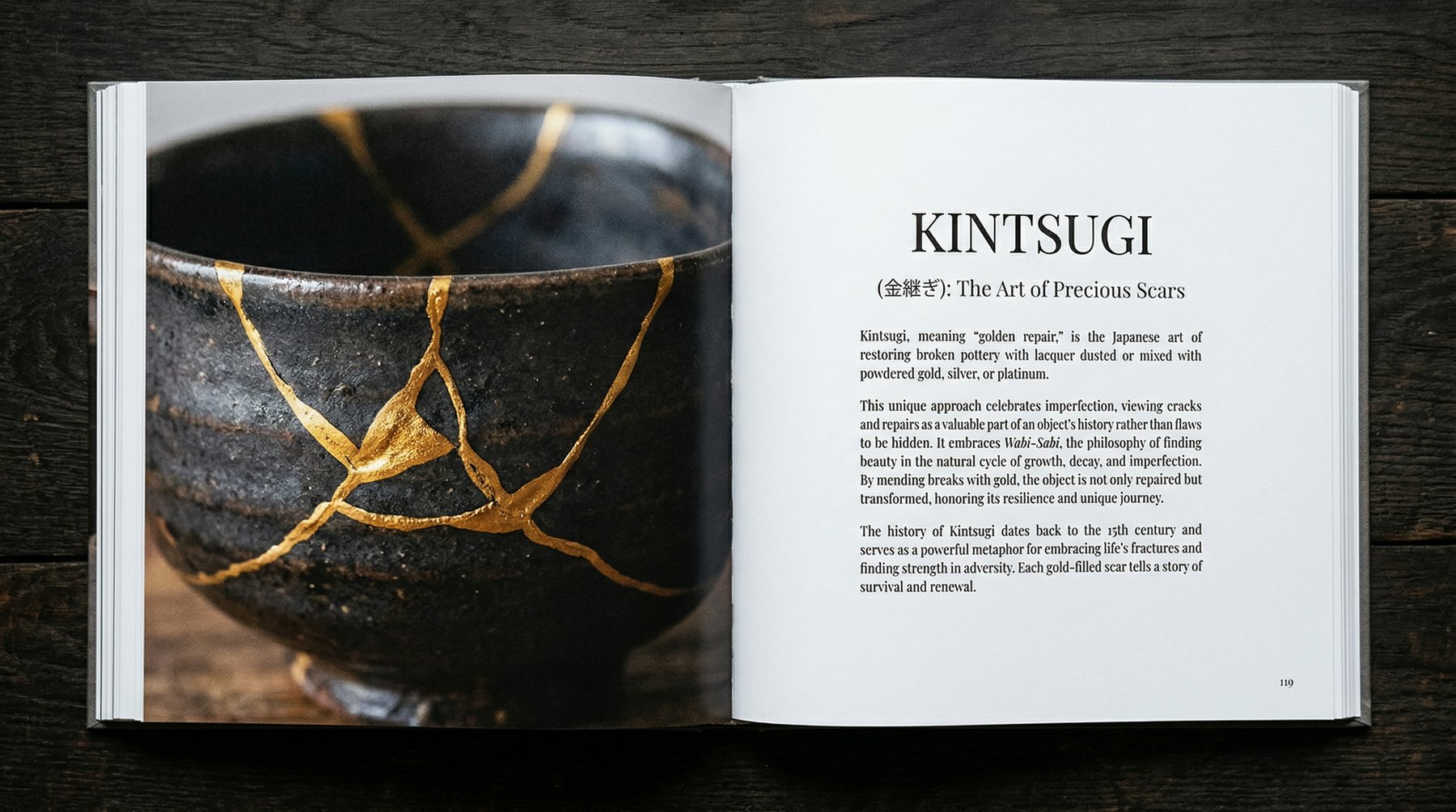 Czarka kintsugi z prawdziwymi pęknięciami złotem