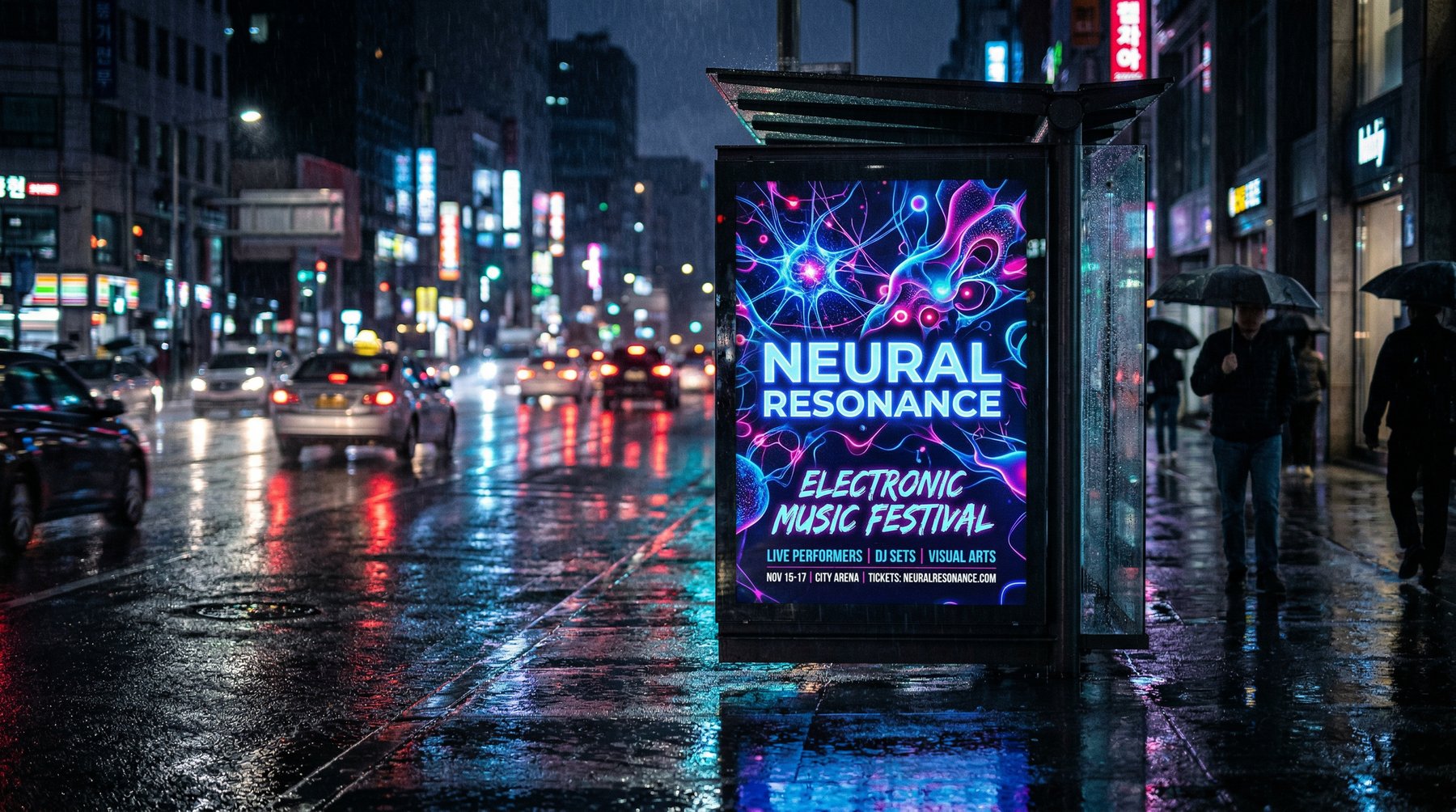 Komunikacja outdoor — nocna ulica Londynu z bilbordem Neural Resonance