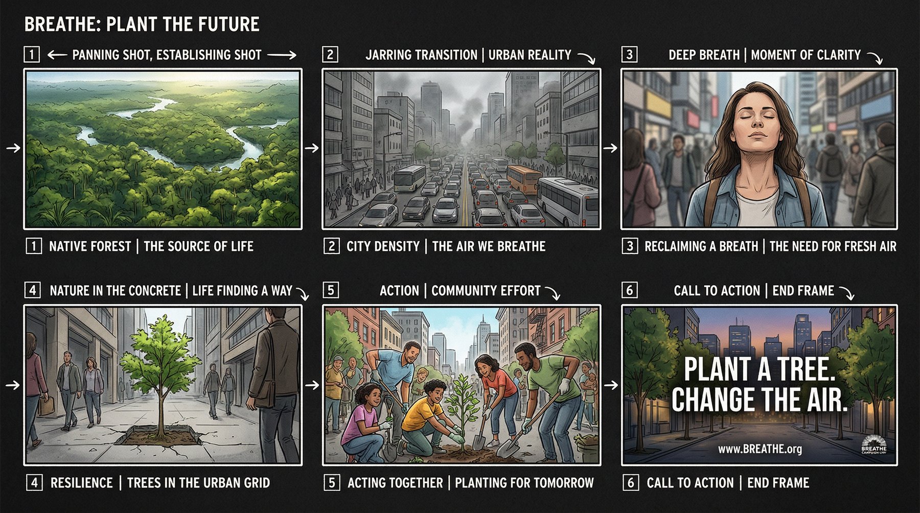 Storyboard kampanii wideo Breathe: Plant the Future