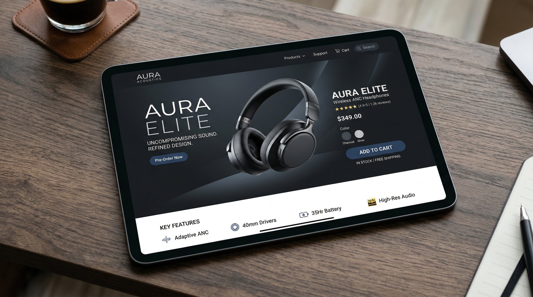 Aura Elite — strona produktu na tablecie