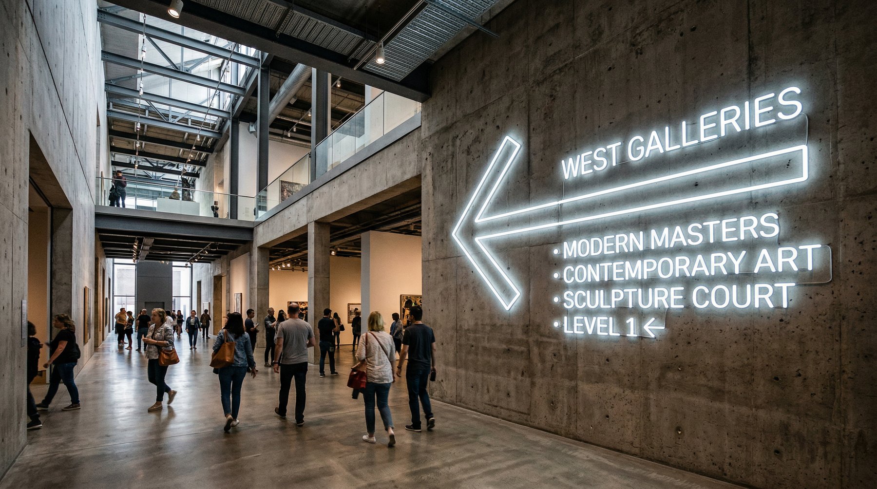 Neon West Galleries — wayfinding w przestrzeni industrialnej