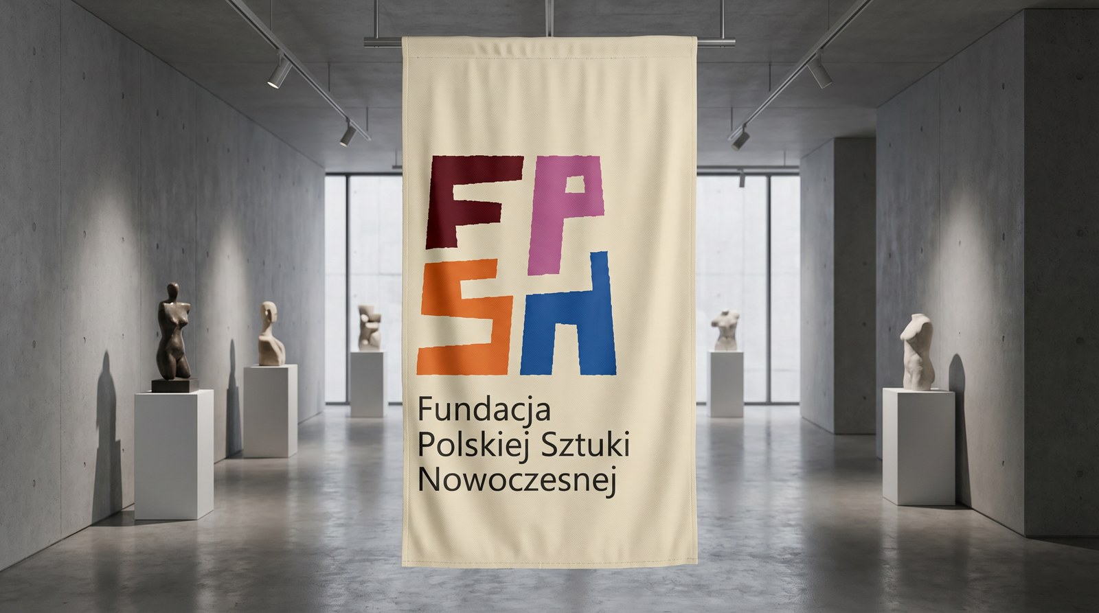 Banner wystawowy w przestrzeni galerii rzeźb.