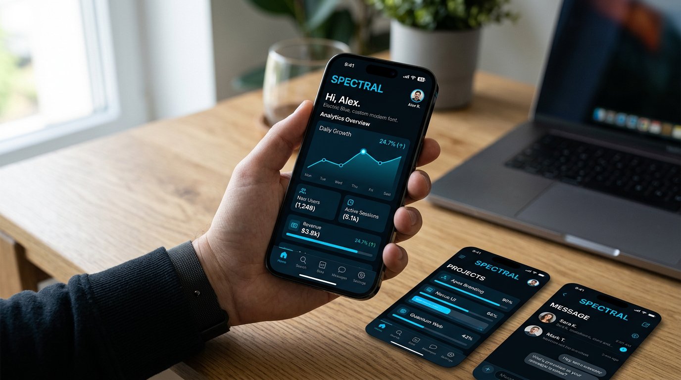 Aplikacja mobilna Spectral — trzy ekrany w iPhone