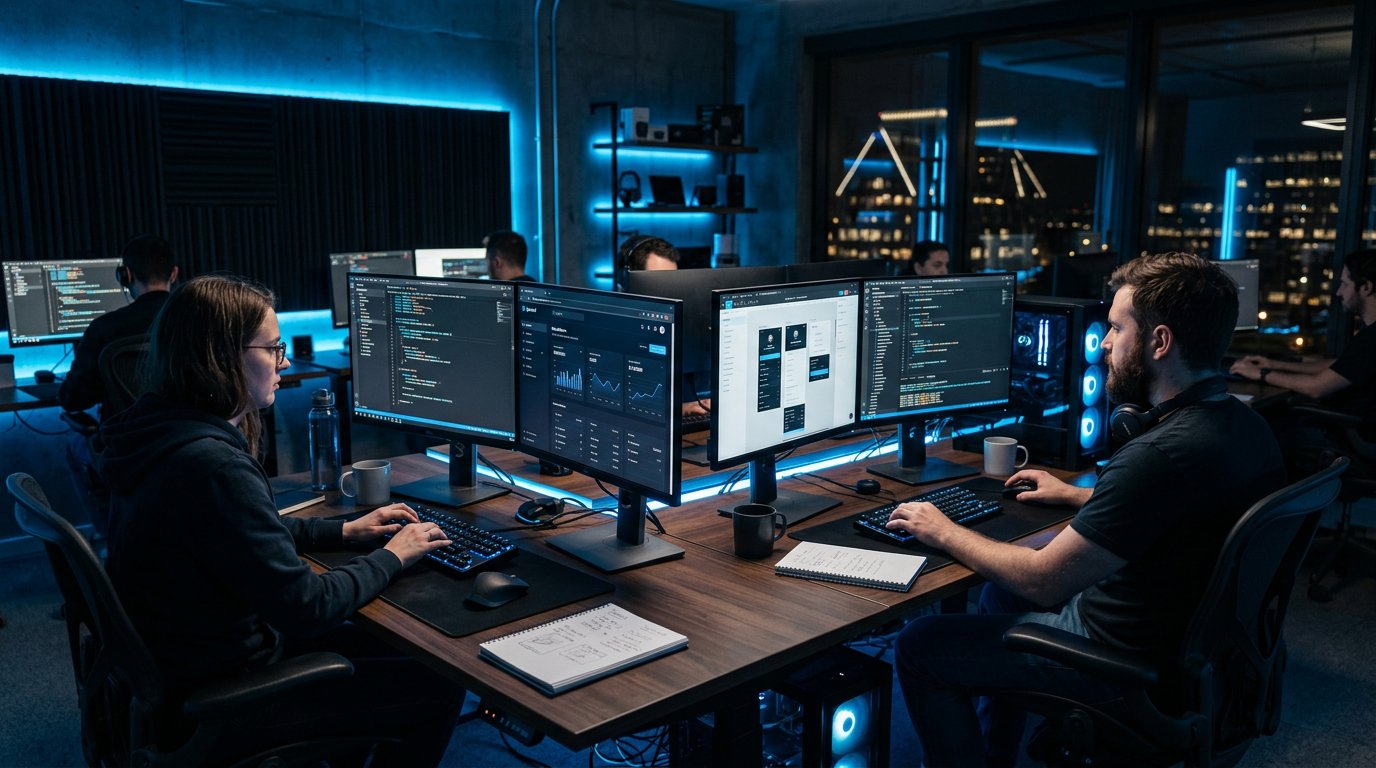 Atmosfera studia — programiści przy dual monitor z kodem i designem