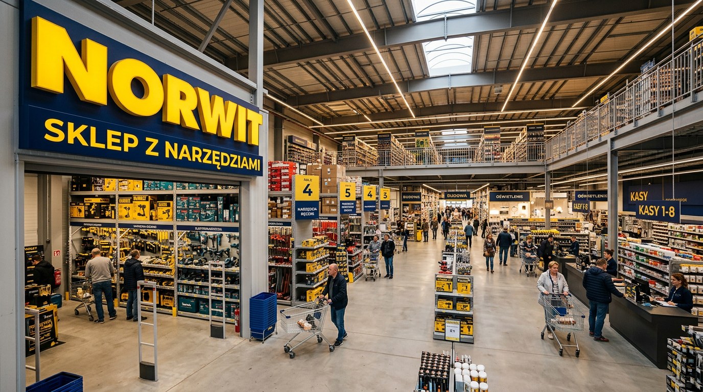 Akcydensy Norwit — czarne wizytówki z żółtym trójkątem, papeteria, koperty kraftowe