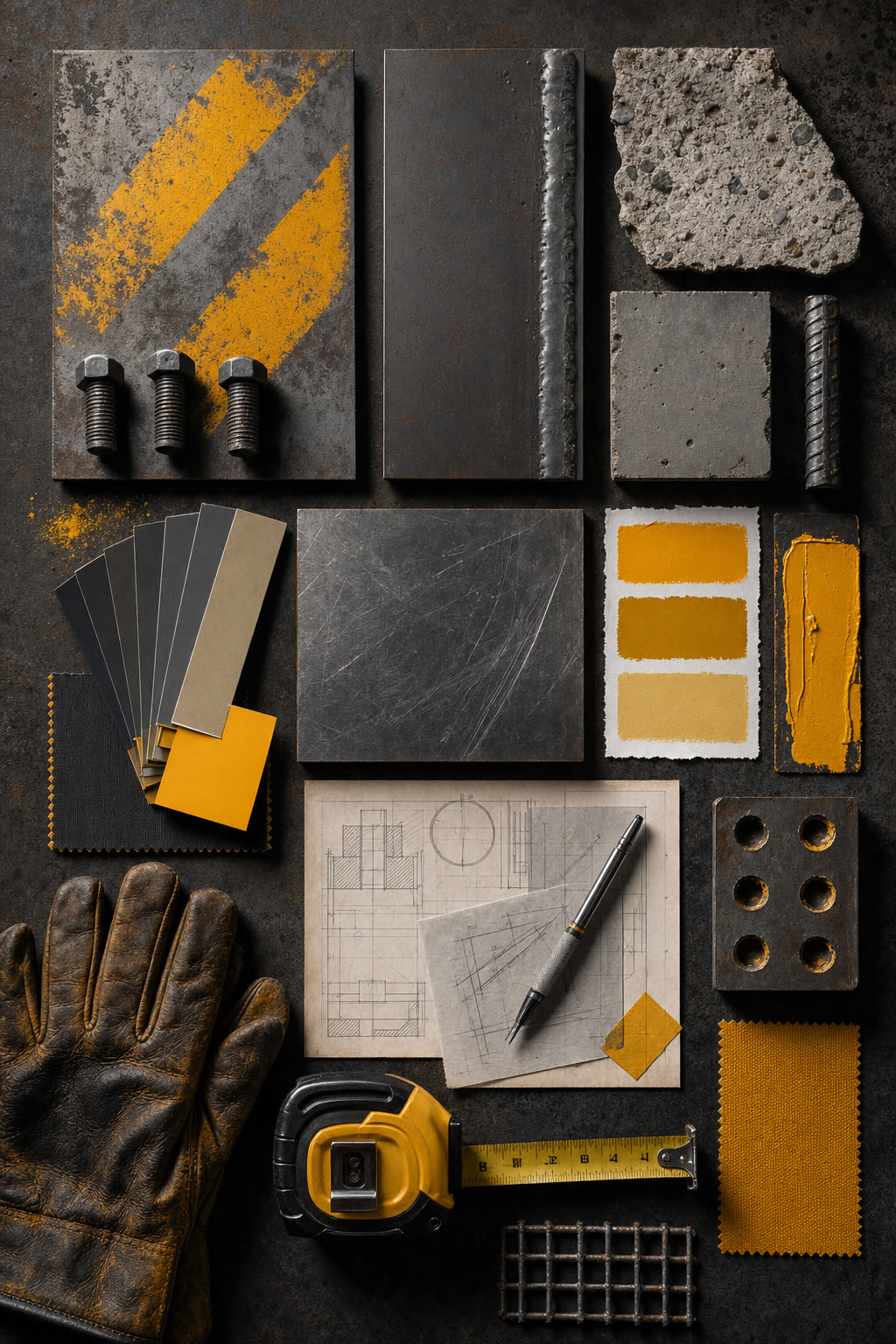 Moodboard projektu Norwit — próbki metalu, betonu, taśmy miernicze, swatche żółci