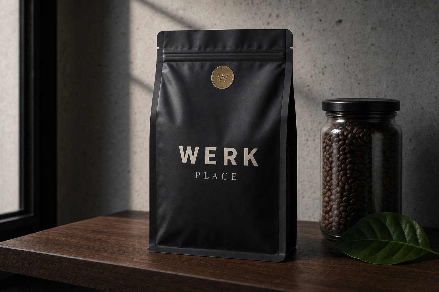 Czarna torebka kawy z minimalną typografią WERK PLACE i ETHIOPIA, mosiężna pieczęć z monogramem W, słoik z ziarnami kawy obok, liść kawy, ciemne drewno