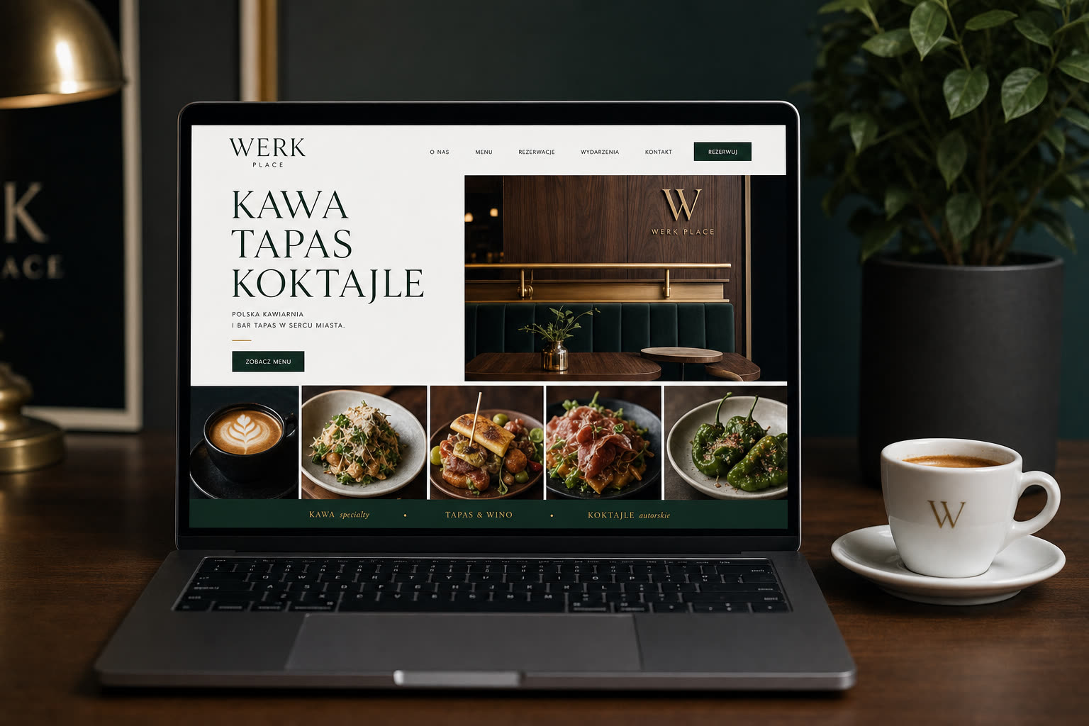 Strona www Werk Place & Tapas na laptopie: białe tło, ciemne nagłówki KAWA. TAPAS. KOKTAJLE., zdjęcie wnętrza baru, siatka czterech kategorii kawa tapas koktajle deser, biała filiżanka espresso obok laptopa, zielona roślina