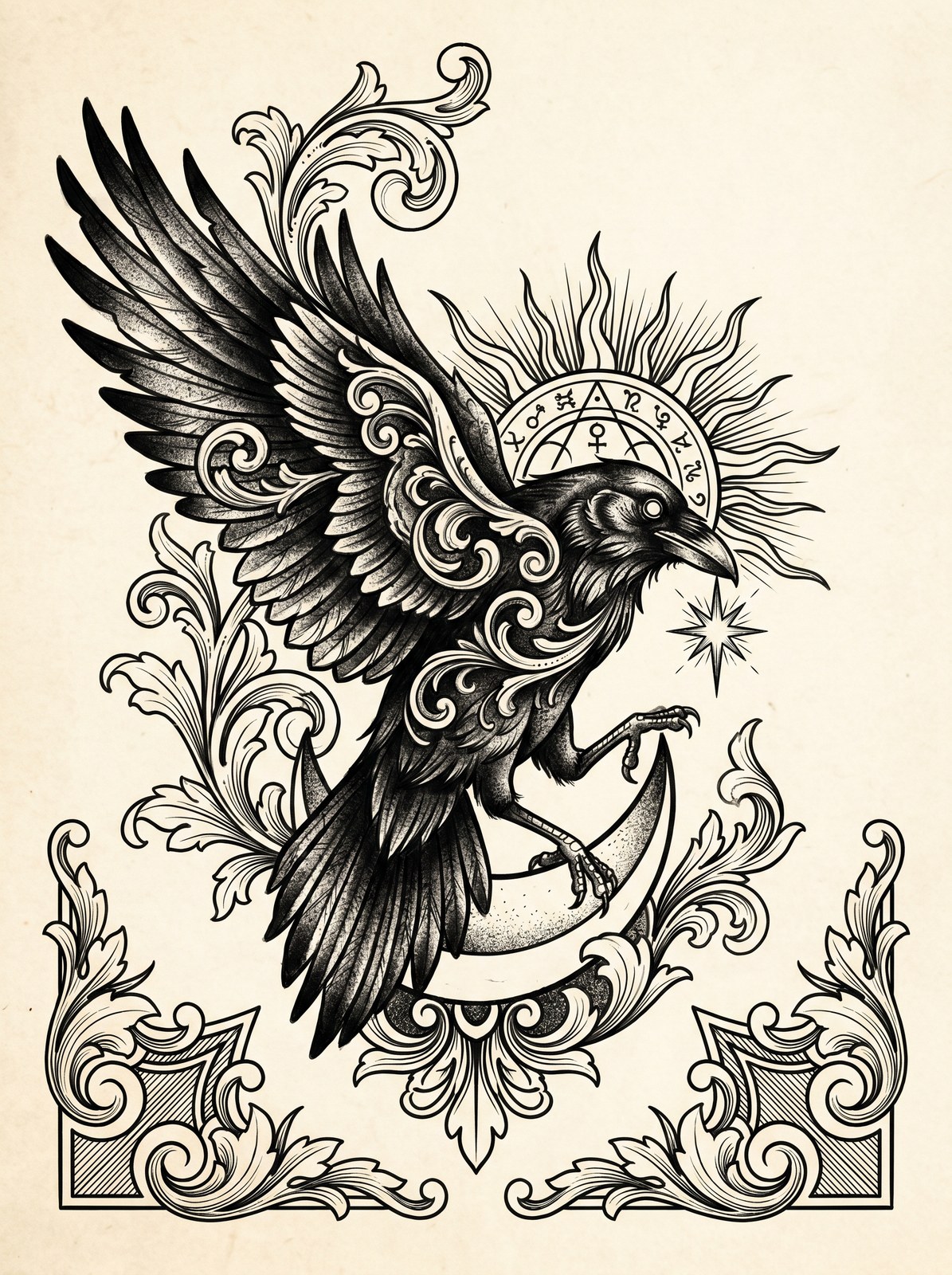 Kruk z aureolą — neo-traditional ink