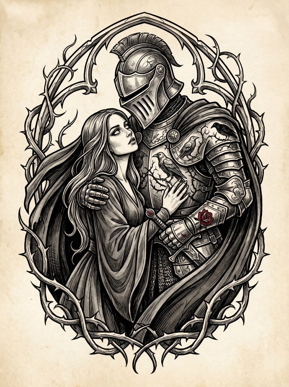 Rycerz i kobieta w cierniach — dark fantasy