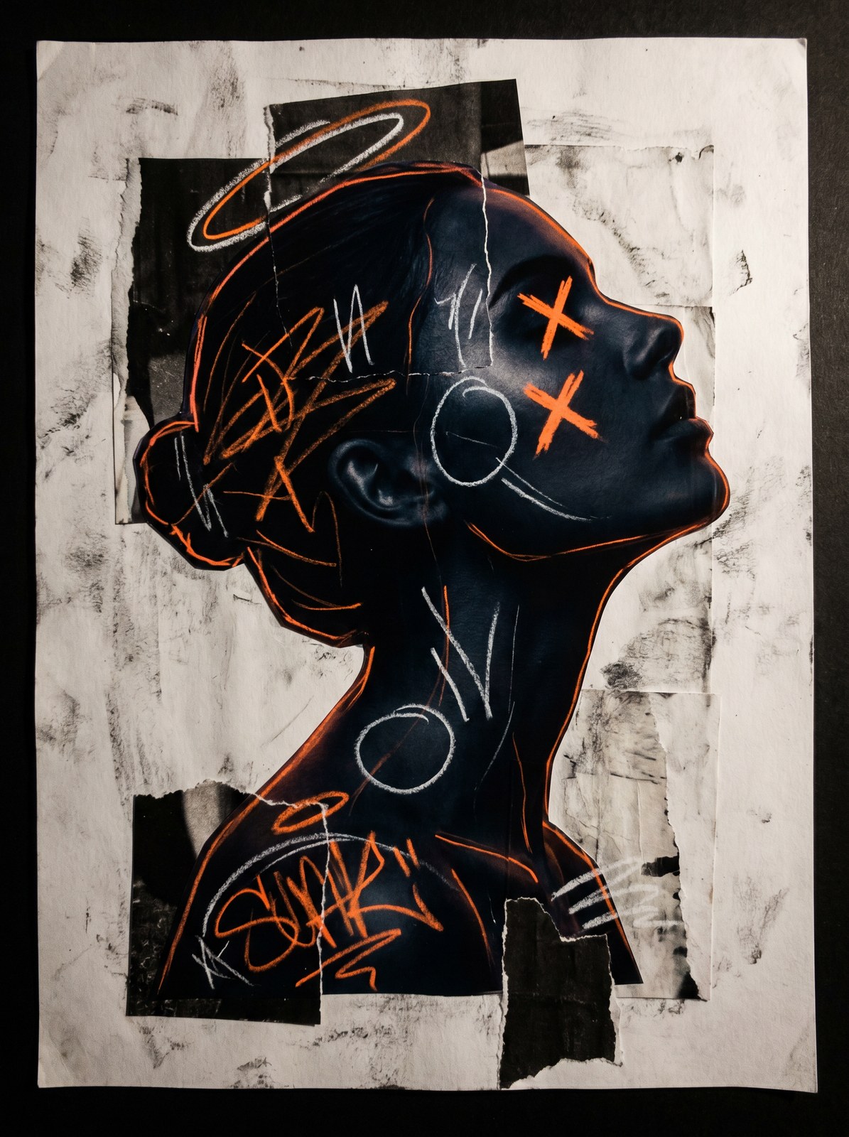 Portret z neonowym pomarańczem — collage editorial